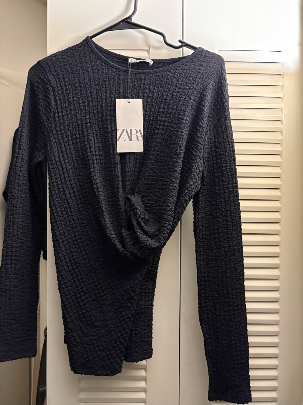 Zara Black Textured Long-Sleeve Twist Detail Top